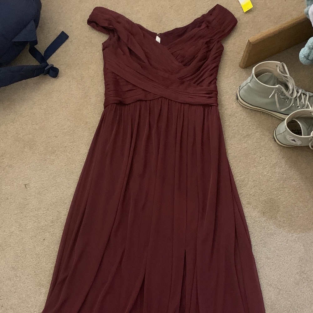 David's Bridal Burgundy Off-Shoulder Gown